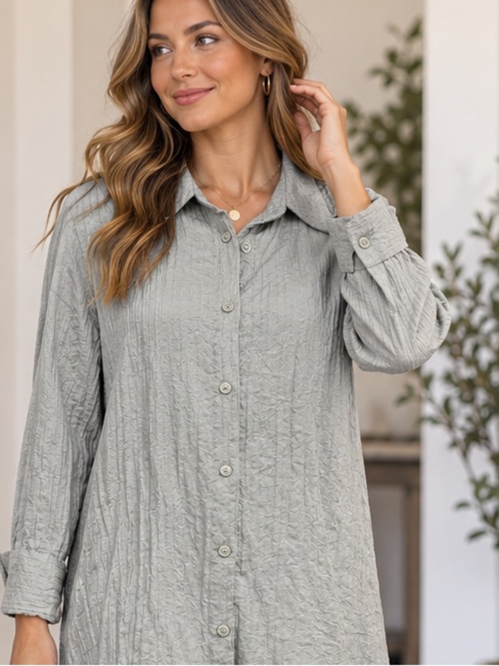 Zara Long Sleeve Button Down Shirt Green Textured medium 23x31